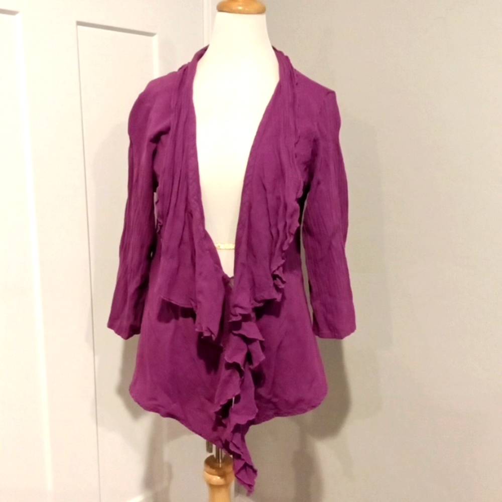 Oh My Gauze! Cotton Jacket 3/4 Sleeve, Ruffle Collar., Purple sz 1 sm/med